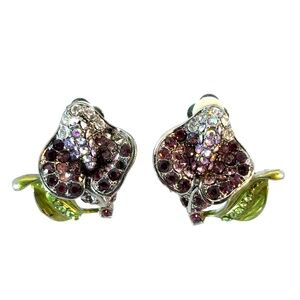 Vintage Calla Lily Rhinestone Clip-On Earrings- Green Enamel Leaves